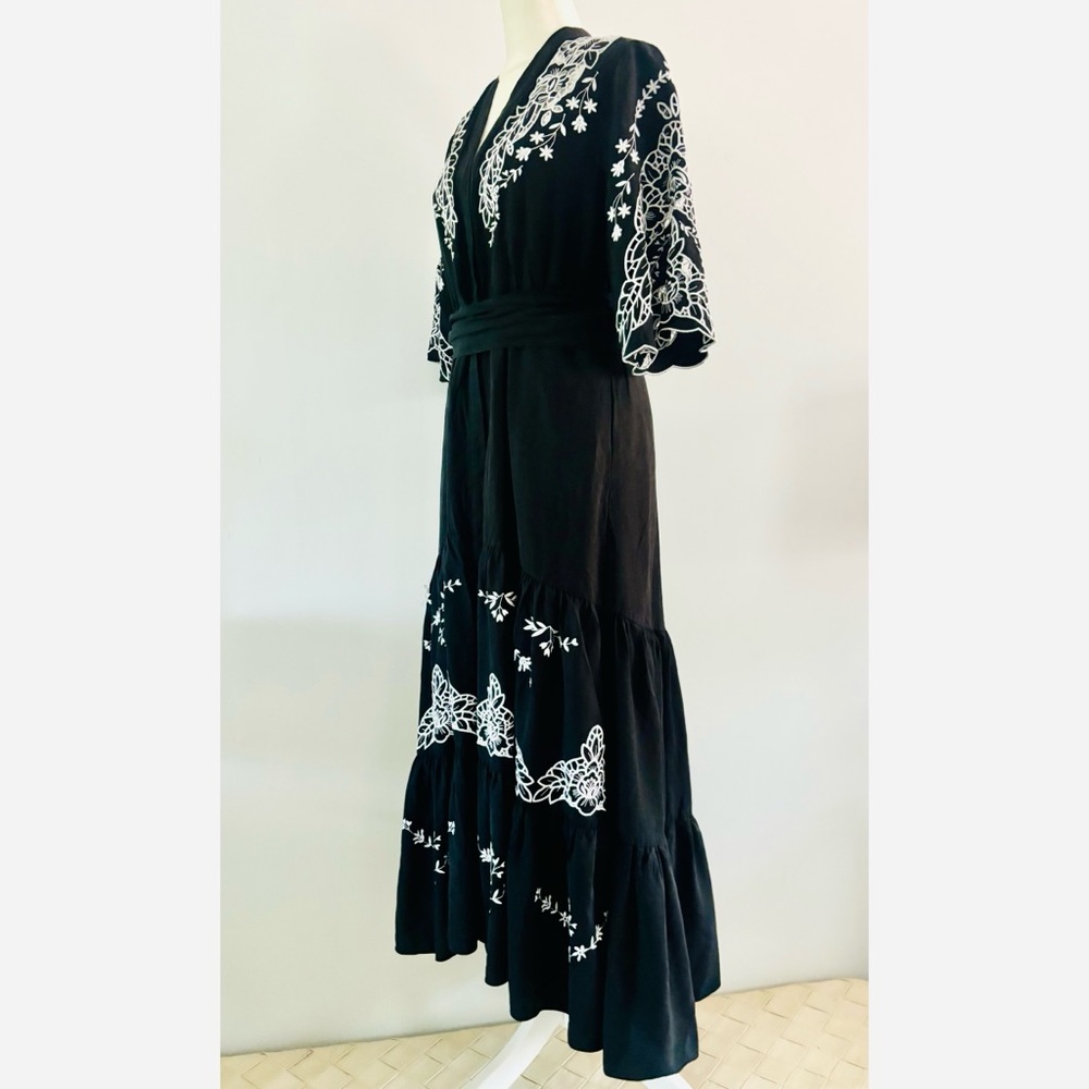 Kobi Halperin Black Maxi Dress with White Floral Embroidery, Ruffles-Small - Picture 4 of 11